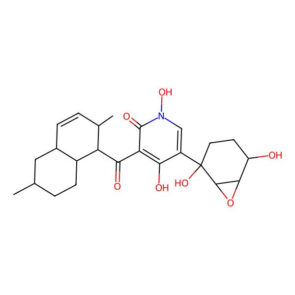2D Structure of 5-(2,5-Dihydroxy-7-oxabicyclo[4.1.0]heptan-2-yl)-3-(2,6-dimethyl-1,2,4a,5,6,7,8,8a-octahydronaphthalene-1-carbonyl)-1,4-dihydroxypyridin-2-one