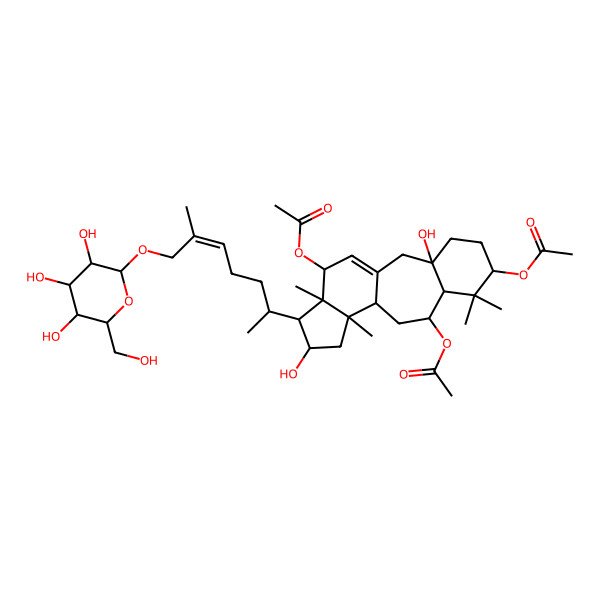 2D Structure of [(3R,6S,8R,9S,11R,12S,14S,15R,16R,17R)-9,17-diacetyloxy-3,14-dihydroxy-7,7,12,16-tetramethyl-15-[(E,2R)-6-methyl-7-[(2R,3R,4S,5S,6R)-3,4,5-trihydroxy-6-(hydroxymethyl)oxan-2-yl]oxyhept-5-en-2-yl]-6-tetracyclo[9.7.0.03,8.012,16]octadec-1(18)-enyl] acetate