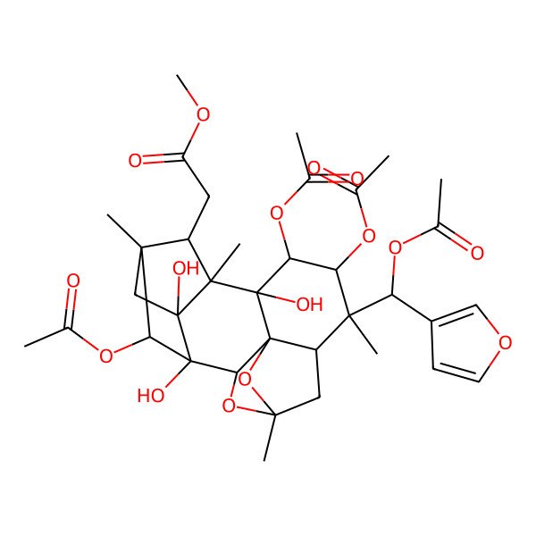 2D Structure of methyl 2-[(1S,2R,3R,5S,7R,8R,9R,10R,11R,12R,13S,14R,16R,17S)-9,10,17-triacetyloxy-8-[(S)-acetyloxy(furan-3-yl)methyl]-1,11,16-trihydroxy-5,8,12,14-tetramethyl-4,18-dioxahexacyclo[12.2.1.12,5.03,7.03,11.012,16]octadecan-13-yl]acetate