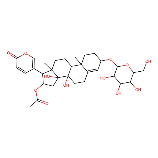 2D Structure of [(3S,8S,9R,10R,13R,14R,16S,17R)-8,14-dihydroxy-10,13-dimethyl-17-(6-oxopyran-3-yl)-3-[(2R,3R,4S,5S,6R)-3,4,5-trihydroxy-6-(hydroxymethyl)oxan-2-yl]oxy-2,3,6,7,9,11,12,15,16,17-decahydro-1H-cyclopenta[a]phenanthren-16-yl] acetate