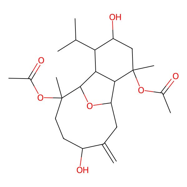 2D Structure of (3-Acetyloxy-5,12-dihydroxy-3,9-dimethyl-13-methylidene-6-propan-2-yl-15-oxatricyclo[6.6.1.02,7]pentadecan-9-yl) acetate