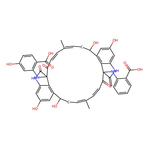 2D Structure of 2-[[(2S,4E,6E,9S,17S,19E,21E,24S)-24-(2-carboxyanilino)-2,14,17,29-tetrahydroxy-5,20-dimethyl-25-methylidene-8,10,23-trioxo-11,26-diazapentacyclo[22.6.1.19,12.027,31.016,32]dotriaconta-1(31),4,6,12,14,16(32),19,21,27,29-decaen-9-yl]amino]-4-hydroxybenzoic acid