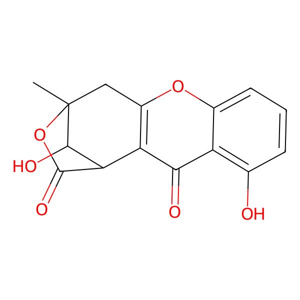 2D Structure of (1R,13R,16R)-5,16-dihydroxy-13-methyl-10,14-dioxatetracyclo[11.2.1.02,11.04,9]hexadeca-2(11),4,6,8-tetraene-3,15-dione