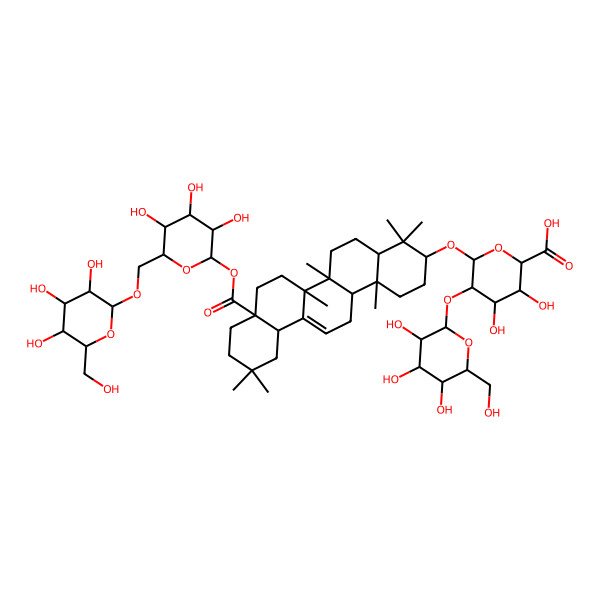 2D Structure of (2S,3S,4S,5R,6R)-6-[[(3S,4aR,6aR,6bS,8aS,12aS,14aR,14bR)-4,4,6a,6b,11,11,14b-heptamethyl-8a-[(2S,3R,4S,5S,6R)-3,4,5-trihydroxy-6-[[(2S,3R,4S,5S,6R)-3,4,5-trihydroxy-6-(hydroxymethyl)oxan-2-yl]oxymethyl]oxan-2-yl]oxycarbonyl-1,2,3,4a,5,6,7,8,9,10,12,12a,14,14a-tetradecahydropicen-3-yl]oxy]-3,4-dihydroxy-5-[(2S,3R,4S,5S,6R)-3,4,5-trihydroxy-6-(hydroxymethyl)oxan-2-yl]oxyoxane-2-carboxylic acid