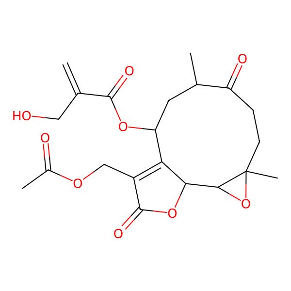 2D Structure of [12-(Acetyloxymethyl)-4,8-dimethyl-7,13-dioxo-3,14-dioxatricyclo[9.3.0.02,4]tetradec-11-en-10-yl] 2-(hydroxymethyl)prop-2-enoate