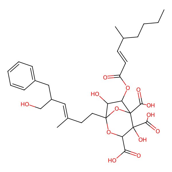 2D Structure of 1-(5-Benzyl-6-hydroxy-3-methylhex-3-enyl)-4,7-dihydroxy-6-(4-methyloct-2-enoyloxy)-2,8-dioxabicyclo[3.2.1]octane-3,4,5-tricarboxylic acid