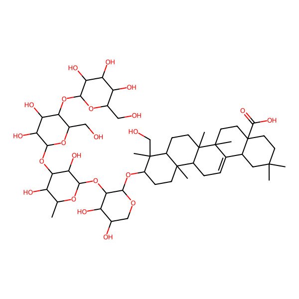 2D Structure of 10-[3-[4-[3,4-Dihydroxy-6-(hydroxymethyl)-5-[3,4,5-trihydroxy-6-(hydroxymethyl)oxan-2-yl]oxyoxan-2-yl]oxy-3,5-dihydroxy-6-methyloxan-2-yl]oxy-4,5-dihydroxyoxan-2-yl]oxy-9-(hydroxymethyl)-2,2,6a,6b,9,12a-hexamethyl-1,3,4,5,6,6a,7,8,8a,10,11,12,13,14b-tetradecahydropicene-4a-carboxylic acid