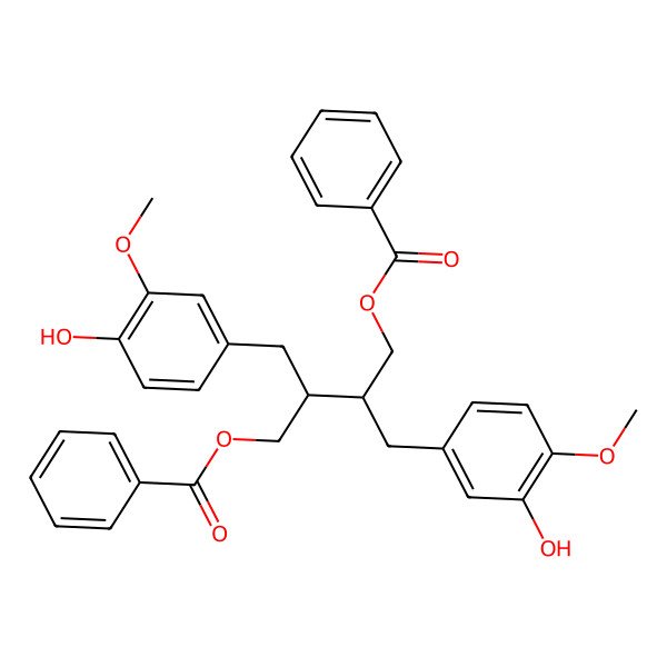 2D Structure of [(2R,3R)-3-(benzoyloxymethyl)-4-(4-hydroxy-3-methoxyphenyl)-2-[(3-hydroxy-4-methoxyphenyl)methyl]butyl] benzoate