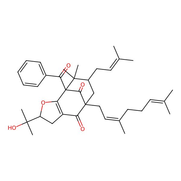 2D Structure of 1-benzoyl-8-[(2E)-3,7-dimethylocta-2,6-dienyl]-4-(2-hydroxypropan-2-yl)-11,11-dimethyl-10-(3-methylbut-2-enyl)-3-oxatricyclo[6.3.1.02,6]dodec-2(6)-ene-7,12-dione