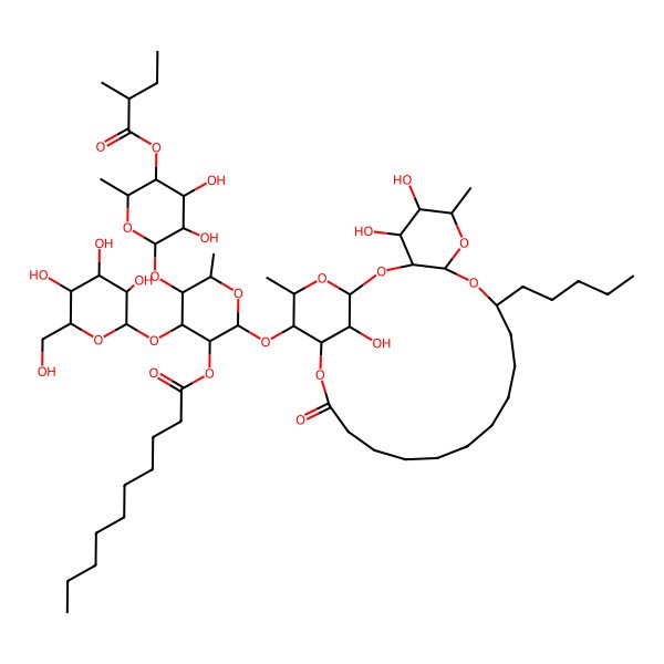 2D Structure of [5-[3,4-Dihydroxy-6-methyl-5-(2-methylbutanoyloxy)oxan-2-yl]oxy-6-methyl-2-[(4,5,26-trihydroxy-6,24-dimethyl-20-oxo-10-pentyl-2,7,9,21,25-pentaoxatricyclo[20.3.1.03,8]hexacosan-23-yl)oxy]-4-[3,4,5-trihydroxy-6-(hydroxymethyl)oxan-2-yl]oxyoxan-3-yl] decanoate