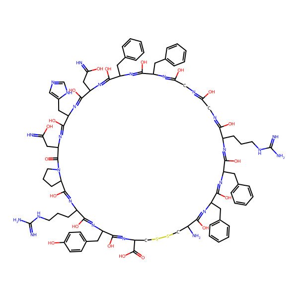 2D Structure of (3S,6S,9S,12S,15S,24S,27S,30S,33R,38R,41S,44S,47S)-33-amino-12,15,27,30-tetrabenzyl-24,44-bis(3-carbamimidamidopropyl)-5,8,11,14,17,20,23,26,29,32,40,43,46-tridecahydroxy-3,9-bis(2-hydroxy-2-iminoethyl)-41-[(4-hydroxyphenyl)methyl]-6-(1H-imidazol-5-ylmethyl)-2-oxo-35,36-dithia-1,4,7,10,13,16,19,22,25,28,31,39,42,45-tetradecazabicyclo[45.3.0]pentaconta-4,7,10,13,16,19,22,25,28,31,39,42,45-tridecaene-38-carboxylic acid