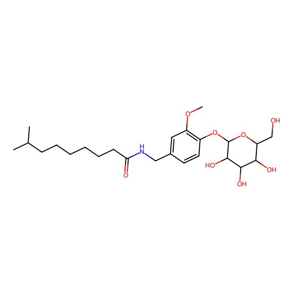 2D Structure of N-[[3-methoxy-4-[(2S,3R,4S,5S,6R)-3,4,5-trihydroxy-6-(hydroxymethyl)oxan-2-yl]oxyphenyl]methyl]-8-methylnonanamide