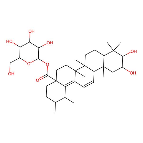 2D Structure of [(2S,3R,4S,5S,6R)-3,4,5-trihydroxy-6-(hydroxymethyl)oxan-2-yl] (1S,2R,4aS,6aR,6aS,6bR,8aR,10S,11R,12aS)-10,11-dihydroxy-1,2,6a,6b,9,9,12a-heptamethyl-2,3,4,5,6,6a,7,8,8a,10,11,12-dodecahydro-1H-picene-4a-carboxylate