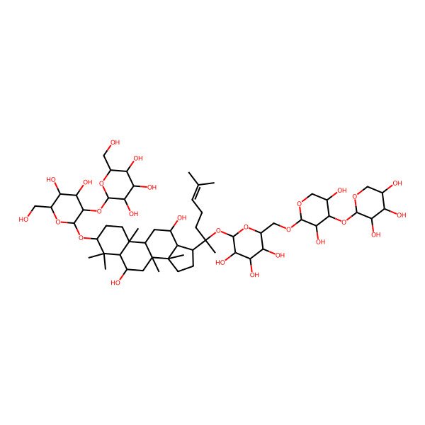 2D Structure of 2-[2-[[17-[2-[6-[[3,5-dihydroxy-4-(3,4,5-trihydroxyoxan-2-yl)oxyoxan-2-yl]oxymethyl]-3,4,5-trihydroxyoxan-2-yl]oxy-6-methylhept-5-en-2-yl]-6,12-dihydroxy-4,4,8,10,14-pentamethyl-2,3,5,6,7,9,11,12,13,15,16,17-dodecahydro-1H-cyclopenta[a]phenanthren-3-yl]oxy]-4,5-dihydroxy-6-(hydroxymethyl)oxan-3-yl]oxy-6-(hydroxymethyl)oxane-3,4,5-triol