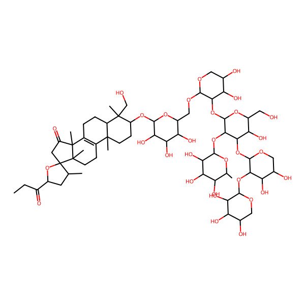 2D Structure of 3-[6-[[3-[4-[4,5-dihydroxy-3-(3,4,5-trihydroxyoxan-2-yl)oxyoxan-2-yl]oxy-5-hydroxy-6-(hydroxymethyl)-3-(3,4,5-trihydroxy-6-methyloxan-2-yl)oxyoxan-2-yl]oxy-4,5-dihydroxyoxan-2-yl]oxymethyl]-3,4,5-trihydroxyoxan-2-yl]oxy-4-(hydroxymethyl)-3',4,10,13,14-pentamethyl-5'-propanoylspiro[2,3,5,6,7,11,12,16-octahydro-1H-cyclopenta[a]phenanthrene-17,2'-oxolane]-15-one