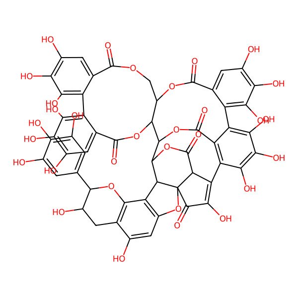 2D Structure of (1S,2R,20R,37S,44S,45R,49R,50R,56R)-7,8,9,12,13,14,25,26,27,30,31,32,35,41,44-pentadecahydroxy-45-(3,4,5-trihydroxyphenyl)-3,18,21,38,46,51,54-heptaoxadodecacyclo[27.21.3.334,50.02,20.05,10.011,16.023,28.033,53.037,49.039,48.042,47.037,56]hexapentaconta-5,7,9,11,13,15,23,25,27,29(53),30,32,34,39(48),40,42(47)-hexadecaene-4,17,22,36,52,55-hexone