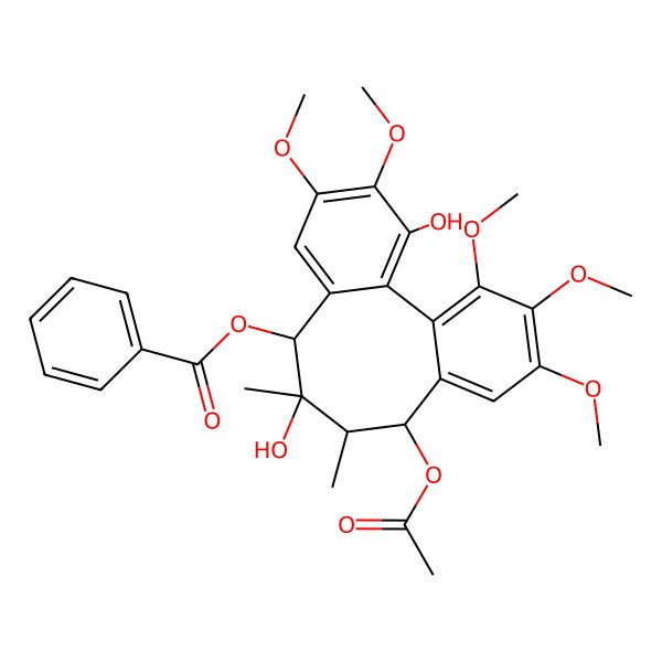 2D Structure of [(8S,9R,10R,11S)-11-acetyloxy-3,9-dihydroxy-4,5,14,15,16-pentamethoxy-9,10-dimethyl-8-tricyclo[10.4.0.02,7]hexadeca-1(16),2,4,6,12,14-hexaenyl] benzoate