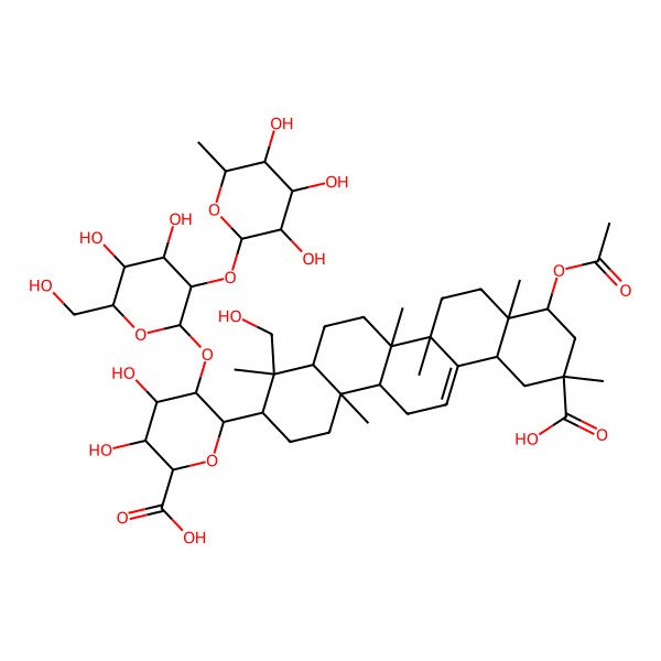 2D Structure of (2S,3S,4S,5R,6S)-6-[(3S,4R,4aR,6aR,6bS,8aR,9R,11R,12aS,14aR,14bR)-9-acetyloxy-11-carboxy-4-(hydroxymethyl)-4,6a,6b,8a,11,14b-hexamethyl-1,2,3,4a,5,6,7,8,9,10,12,12a,14,14a-tetradecahydropicen-3-yl]-5-[(2S,3R,4S,5R,6R)-4,5-dihydroxy-6-(hydroxymethyl)-3-[(2S,3R,4R,5R,6S)-3,4,5-trihydroxy-6-methyloxan-2-yl]oxyoxan-2-yl]oxy-3,4-dihydroxyoxane-2-carboxylic acid