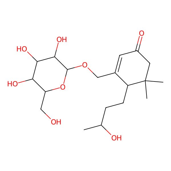 2D Structure of 4-(3-Hydroxybutyl)-5,5-dimethyl-3-[[3,4,5-trihydroxy-6-(hydroxymethyl)oxan-2-yl]oxymethyl]cyclohex-2-en-1-one