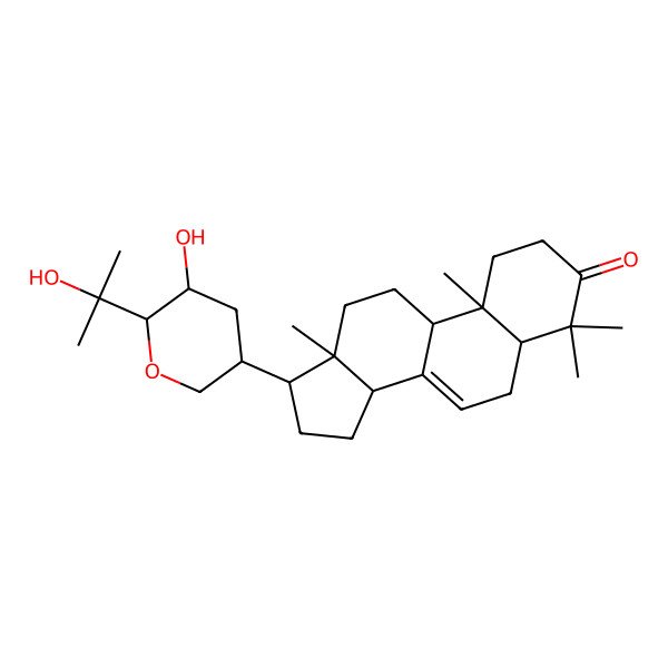 2D Structure of (5R,9R,10R,13S,14S,17S)-17-[(3S,5R,6R)-5-hydroxy-6-(2-hydroxypropan-2-yl)oxan-3-yl]-4,4,10,13-tetramethyl-2,5,6,9,11,12,14,15,16,17-decahydro-1H-cyclopenta[a]phenanthren-3-one