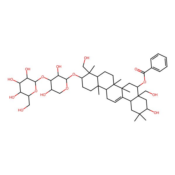 2D Structure of [10-[3,5-Dihydroxy-4-[3,4,5-trihydroxy-6-(hydroxymethyl)oxan-2-yl]oxyoxan-2-yl]oxy-3-hydroxy-4a,9-bis(hydroxymethyl)-2,2,6a,6b,9,12a-hexamethyl-1,3,4,5,6,6a,7,8,8a,10,11,12,13,14b-tetradecahydropicen-5-yl] benzoate