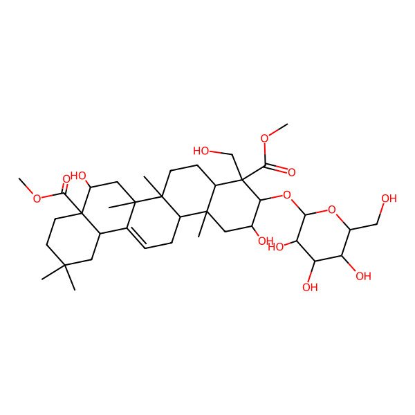 2D Structure of dimethyl (2S,3R,4S,4aR,6aR,6bS,8R,8aR,12aS,14aR,14bR)-2,8-dihydroxy-4-(hydroxymethyl)-6a,6b,11,11,14b-pentamethyl-3-[(2R,3R,4S,5S,6R)-3,4,5-trihydroxy-6-(hydroxymethyl)oxan-2-yl]oxy-1,2,3,4a,5,6,7,8,9,10,12,12a,14,14a-tetradecahydropicene-4,8a-dicarboxylate