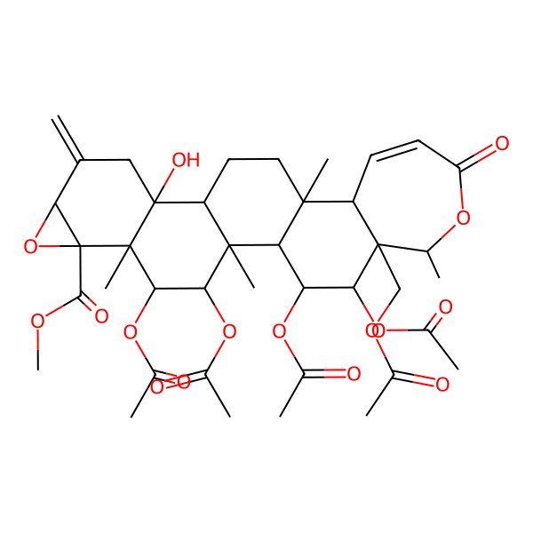 2D Structure of methyl (1S,2R,3S,4R,5R,6S,8R,11R,12R,15S,16S,21R,22R,23R,24S)-3,4,23,24-tetraacetyloxy-22-(acetyloxymethyl)-11-hydroxy-2,5,15,21-tetramethyl-9-methylidene-19-oxo-7,20-dioxahexacyclo[13.9.0.02,12.05,11.06,8.016,22]tetracos-17-ene-6-carboxylate
