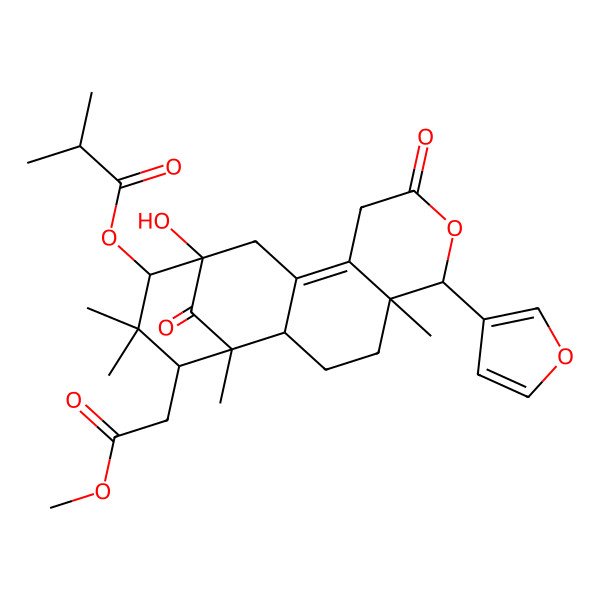 2D Structure of [(1S,2R,5S,6S,13S,14R,16R)-6-(furan-3-yl)-13-hydroxy-16-(2-methoxy-2-oxoethyl)-1,5,15,15-tetramethyl-8,17-dioxo-7-oxatetracyclo[11.3.1.02,11.05,10]heptadec-10-en-14-yl] 2-methylpropanoate
