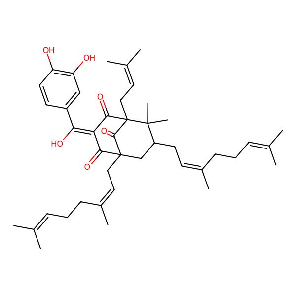 2D Structure of (1R,5S,7R)-3-[(3,4-dihydroxyphenyl)-hydroxymethylidene]-1,7-bis[(2E)-3,7-dimethylocta-2,6-dienyl]-6,6-dimethyl-5-(3-methylbut-2-enyl)bicyclo[3.3.1]nonane-2,4,9-trione
