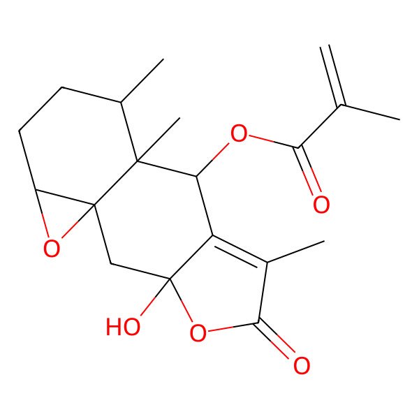 2D Structure of (3-Hydroxy-6,9,10-trimethyl-5-oxo-4,14-dioxatetracyclo[7.5.0.01,13.03,7]tetradec-6-en-8-yl) 2-methylprop-2-enoate
