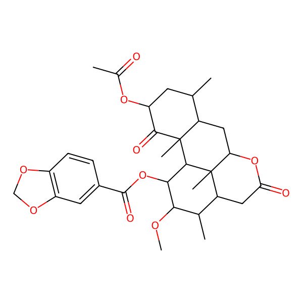 2D Structure of (4-Acetyloxy-15-methoxy-2,6,14,17-tetramethyl-3,11-dioxo-10-oxatetracyclo[7.7.1.02,7.013,17]heptadecan-16-yl) 1,3-benzodioxole-5-carboxylate