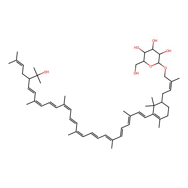 2D Structure of 2-(Hydroxymethyl)-6-[4-[3-[23-(2-hydroxypropan-2-yl)-3,7,12,16,20,26-hexamethylheptacosa-1,3,5,7,9,11,13,15,17,19,21,25-dodecaenyl]-2,2,4-trimethylcyclohex-3-en-1-yl]-2-methylbut-2-enoxy]oxane-3,4,5-triol
