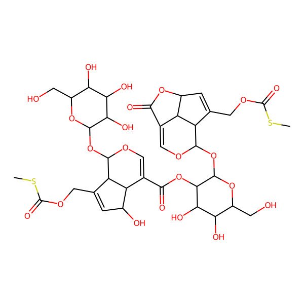 2D Structure of [(2S,3R,4S,5S,6R)-4,5-dihydroxy-6-(hydroxymethyl)-2-[[(4S,7S,8S,11S)-6-(methylsulfanylcarbonyloxymethyl)-2-oxo-3,9-dioxatricyclo[5.3.1.04,11]undeca-1(10),5-dien-8-yl]oxy]oxan-3-yl] (1S,4aS,5S,7aS)-5-hydroxy-7-(methylsulfanylcarbonyloxymethyl)-1-[(2S,3R,4S,5S,6R)-3,4,5-trihydroxy-6-(hydroxymethyl)oxan-2-yl]oxy-1,4a,5,7a-tetrahydrocyclopenta[c]pyran-4-carboxylate