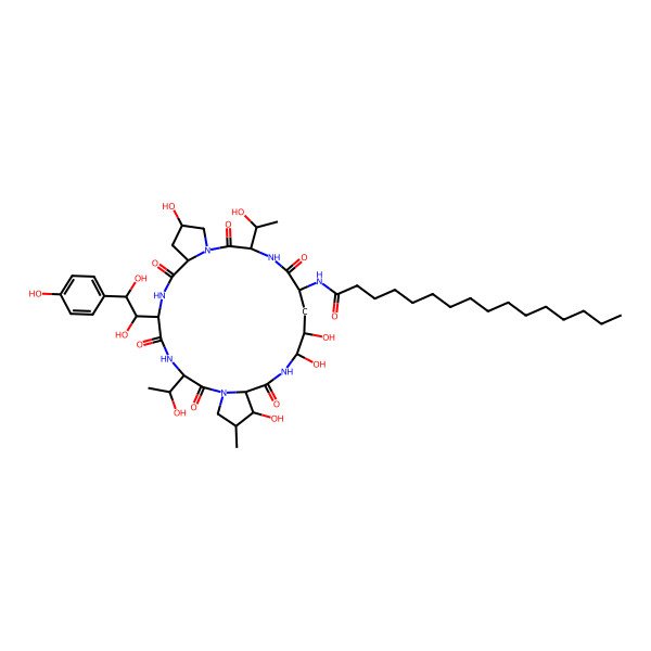 2D Structure of N-[(3S,6R,9S,11S,15R,18R,20R,21S,24R,25R,26R)-6-[(1S,2R)-1,2-dihydroxy-2-(4-hydroxyphenyl)ethyl]-11,20,21,25-tetrahydroxy-3,15-bis[(1R)-1-hydroxyethyl]-26-methyl-2,5,8,14,17,23-hexaoxo-1,4,7,13,16,22-hexazatricyclo[22.3.0.09,13]heptacosan-18-yl]hexadecanamide