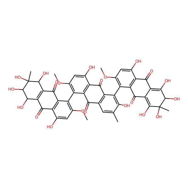 2D Structure of (2R,3R)-5-[2,8-dihydroxy-6-methoxy-3-methyl-9,10-dioxo-5-[(5S,6R,7S,8R)-4,5,6,7,8-pentahydroxy-2-methoxy-7-methyl-9,10-dioxo-6,8-dihydro-5H-anthracen-1-yl]anthracen-1-yl]-1,2,3,4,8-pentahydroxy-6-methoxy-3-methyl-2H-anthracene-9,10-dione