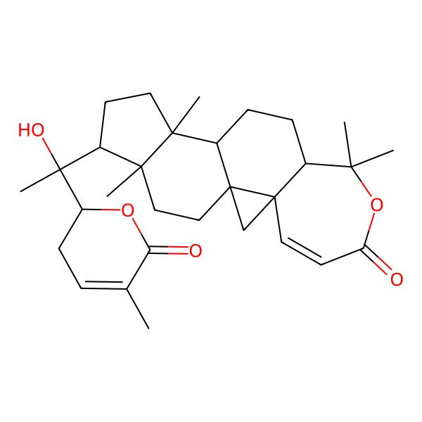 2D Structure of 16-[1-Hydroxy-1-(5-methyl-6-oxo-2,3-dihydropyran-2-yl)ethyl]-8,8,13,17-tetramethyl-7-oxapentacyclo[10.7.0.01,3.03,9.013,17]nonadec-4-en-6-one