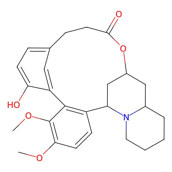 2D Structure of 20H-6,20-Methano-11,15-metheno-1H,8H-benzo[g]pyrido[2,1-d][1,5]oxaazacyclohexadecin-8-one, 2,3,4,4a,5,6,9,10-octahydro-14-hydroxy-16,17-dimethoxy-, (4aR,6S,20S)-
