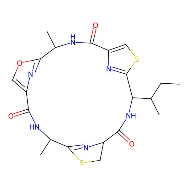 2D Structure of (4S,11R,15S,18R)-18-[(2S)-butan-2-yl]-4,11-dimethyl-6-oxa-13,20-dithia-3,10,17,22,23,24-hexazatetracyclo[17.2.1.15,8.112,15]tetracosa-1(21),5(24),7,12(23),19(22)-pentaene-2,9,16-trione