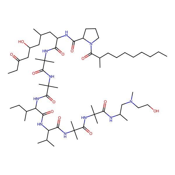 2D Structure of N-[6-hydroxy-1-[[1-[[1-[[1-[[1-[[1-[[1-[1-[2-hydroxyethyl(methyl)amino]propan-2-ylamino]-2-methyl-1-oxopropan-2-yl]amino]-2-methyl-1-oxopropan-2-yl]amino]-3-methyl-1-oxobutan-2-yl]amino]-3-methyl-1-oxopentan-2-yl]amino]-2-methyl-1-oxopropan-2-yl]amino]-2-methyl-1-oxopropan-2-yl]amino]-4-methyl-1,8-dioxodecan-2-yl]-1-(2-methyldecanoyl)pyrrolidine-2-carboxamide