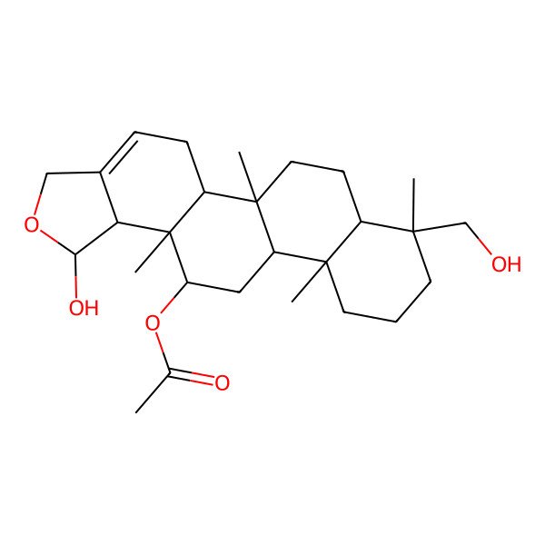 2D Structure of [(1R,5aS,5bR,7aR,8R,11aR,11bR,13S,13aS,13bS)-1-hydroxy-8-(hydroxymethyl)-5b,8,11a,13a-tetramethyl-1,3,5,5a,6,7,7a,9,10,11,11b,12,13,13b-tetradecahydrophenanthro[2,1-e][2]benzofuran-13-yl] acetate
