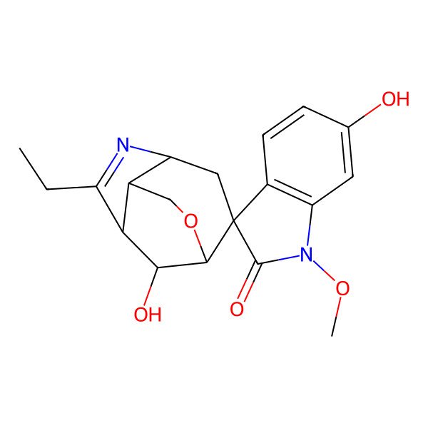 2D Structure of 6-Ethyl-6',11-dihydroxy-1'-methoxyspiro[10-oxa-5-azatricyclo[5.3.1.04,8]undec-5-ene-2,3'-indole]-2'-one