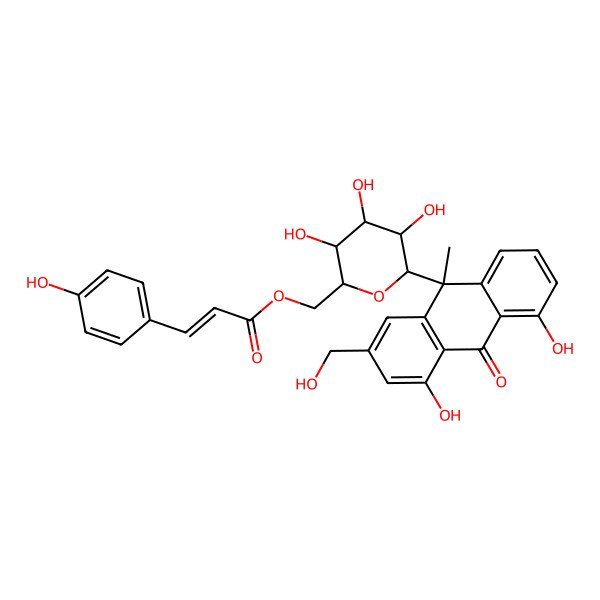 2D Structure of [(2S,3R,4S,5S)-6-[4,5-dihydroxy-2-(hydroxymethyl)-9-methyl-10-oxoanthracen-9-yl]-3,4,5-trihydroxyoxan-2-yl]methyl (E)-3-(4-hydroxyphenyl)prop-2-enoate