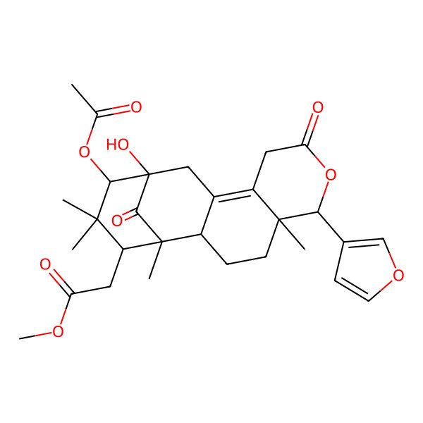 2D Structure of Methyl 2-[14-acetyloxy-6-(furan-3-yl)-13-hydroxy-1,5,15,15-tetramethyl-8,17-dioxo-7-oxatetracyclo[11.3.1.02,11.05,10]heptadec-10-en-16-yl]acetate