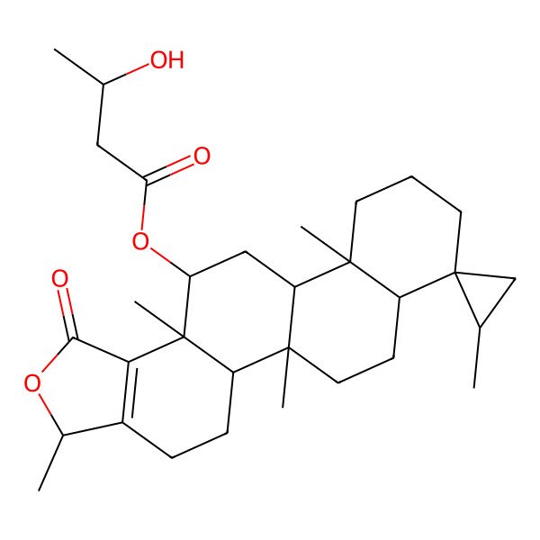 2D Structure of [(2'S,3R,5aS,5bR,7aR,8S,11aR,11bR,13S,13aS)-2',3,5b,11a,13a-pentamethyl-1-oxospiro[4,5,5a,6,7,7a,9,10,11,11b,12,13-dodecahydro-3H-phenanthro[2,1-e][2]benzofuran-8,1'-cyclopropane]-13-yl] 3-hydroxybutanoate
