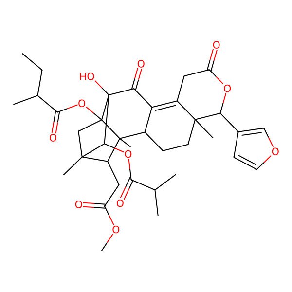 2D Structure of [(1S,2R,5S,6S,13S,14R,17R,18S)-6-(furan-3-yl)-13-hydroxy-18-(2-methoxy-2-oxoethyl)-1,5,15-trimethyl-14-(2-methylpropanoyloxy)-8,12-dioxo-7-oxapentacyclo[13.2.1.02,11.05,10.013,17]octadec-10-en-17-yl] (2S)-2-methylbutanoate