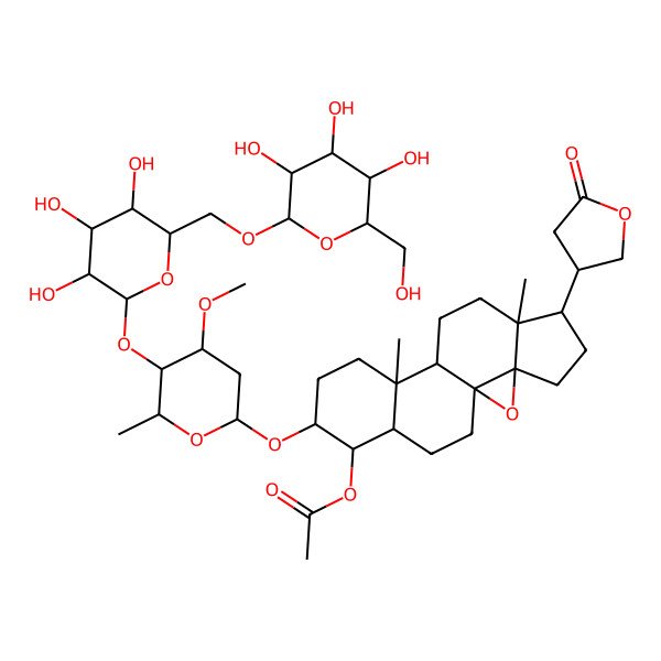 2D Structure of [(1S,3R,6R,7R,10R,11S,14S,15R,16R)-14-[(2S,4R,5S,6R)-4-methoxy-6-methyl-5-[(2S,3R,4S,5S,6R)-3,4,5-trihydroxy-6-[[(2R,3R,4S,5S,6R)-3,4,5-trihydroxy-6-(hydroxymethyl)oxan-2-yl]oxymethyl]oxan-2-yl]oxyoxan-2-yl]oxy-7,11-dimethyl-6-(5-oxooxolan-3-yl)-2-oxapentacyclo[8.8.0.01,3.03,7.011,16]octadecan-15-yl] acetate