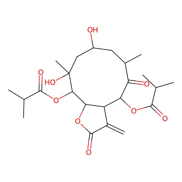 2D Structure of [(3aR,4S,6S,8S,10R,11S,11aR)-8,10-dihydroxy-6,10-dimethyl-3-methylidene-11-(2-methylpropanoyloxy)-2,5-dioxo-3a,4,6,7,8,9,11,11a-octahydrocyclodeca[b]furan-4-yl] 2-methylpropanoate