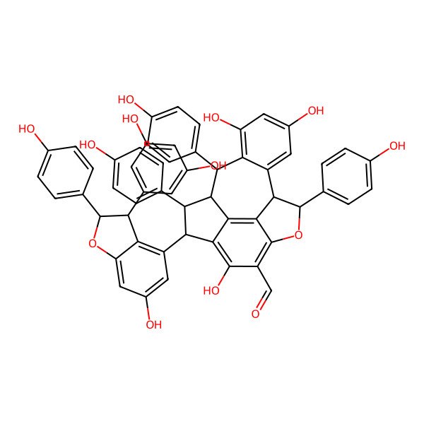 2D Structure of (1S,2R,3R,9S,10S,17S)-3-[(2S,3S)-3-(3,5-dihydroxyphenyl)-6-hydroxy-2-(4-hydroxyphenyl)-2,3-dihydro-1-benzofuran-4-yl]-5,13,15-trihydroxy-2,9,17-tris(4-hydroxyphenyl)-8-oxapentacyclo[8.7.2.04,18.07,19.011,16]nonadeca-4(18),5,7(19),11(16),12,14-hexaene-6-carbaldehyde