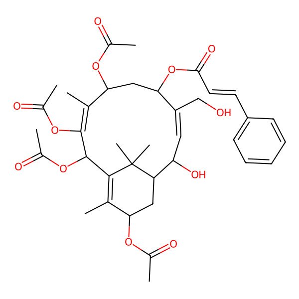 2D Structure of [(1R,2S,3E,5S,7S,8Z,10R,13S)-7,9,10,13-tetraacetyloxy-2-hydroxy-4-(hydroxymethyl)-8,12,15,15-tetramethyl-5-bicyclo[9.3.1]pentadeca-3,8,11-trienyl] (E)-3-phenylprop-2-enoate