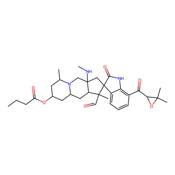 2D Structure of [(1'R,3R,3'aS,6'S,8'R,9'aS,10'aR)-7-[(2S)-3,3-dimethyloxirane-2-carbonyl]-1'-formyl-1',6'-dimethyl-3'a-(methylamino)-2-oxospiro[1H-indole-3,2'-4,6,7,8,9,9a,10,10a-octahydro-3H-cyclopenta[b]quinolizine]-8'-yl] butanoate